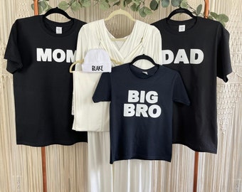 Plain White Maternity Dress and Matching Swaddle, Dad, Big Bro and Big Sis T-shirts for Family or Maternity Photo Shoots