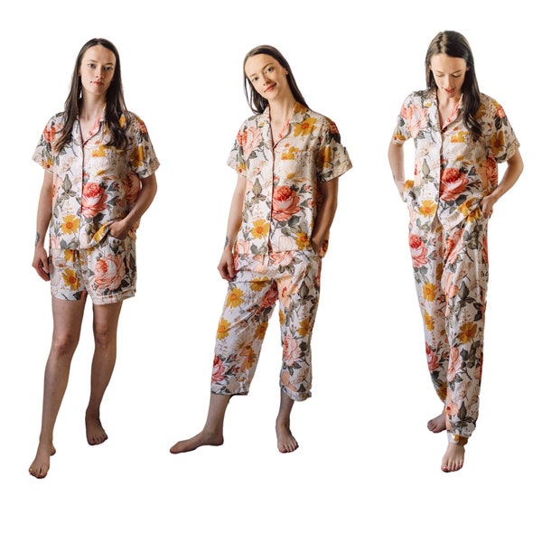 Vintage Garden Bloom PJ Sets with Bottom Shorts, Capri, and Pants Options - Floral Garden Print Bridesmaid  PJ Sets