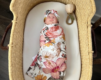 Floral Swaddle and Hat Set, Soft Bamboo Muslin Baby Swaddle Blanket | Vintage Garden Baby Swaddle| Wild Flower Cotton Swaddle Blanket