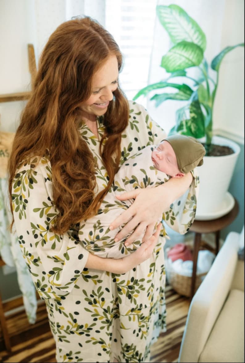 Green Mommy Robe Swaddle Blanket Olive Branch Robe Olive Mommy Robe Mommy and Me Set Organic Cotton Baby Swaddle Blanket