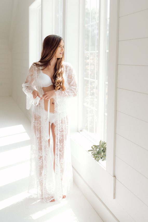 Floor Length White Lace Robe Bridal Lingerie Long Long Maternity LACE Maxi  Dress Long See-through Lace Robe 3602 -  Canada