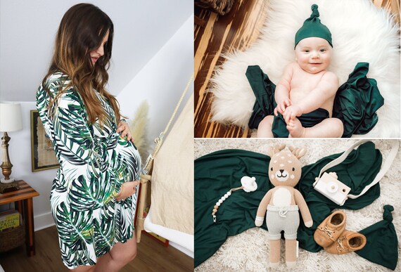 Tropical Maternity Robe and Matching Baby Set Hunter Green Mommy Robe Swaddle Blanket and Hat beanie Set Newborn Swaddle Blanket Etsy Canada