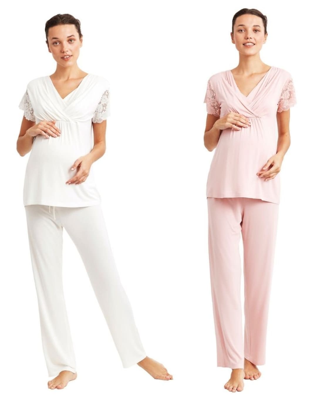 Maternity PJ Set Ecru and Pink Color Pajama Set for Home Stretchy and