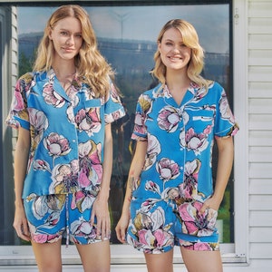 Blue and Pink Floral Bridesmaid PJ SET of 2, 4, 6, 8 and 10 | Matching Style White Pajama for Bride I Dusty Blue Flower Girl Matching PJ