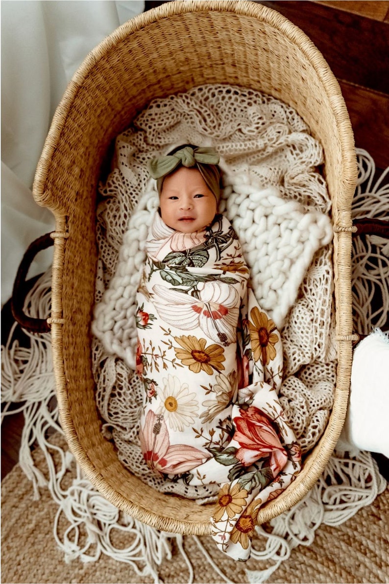 Floral Swaddle and Hat Set Soft Bamboo Muslin Baby Swaddle Etsy