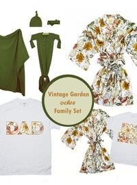 ENTIRE FAMILY Matching OUTFITS: Gender Neutral Baby Swaddle, Baby Hat / Beanie,  Dad T-shirt, Mom Robe, Big Bro / Big Sis Tshirts