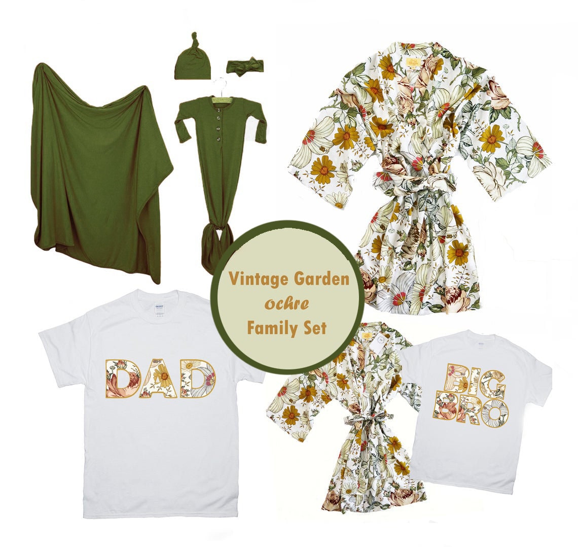 Solid OLIVE Baby Swaddle Knotted Gown Matching Floral Swaddle | Ochre Vintage Garden Family Matching Outfits: Mommy Robe, Swaddle Hat Bow