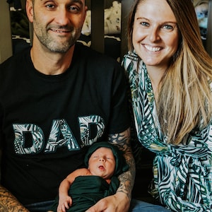 ENTIRE FAMILY Matching OUTFITS: Gender Neutral Baby Swaddle, Baby Hat / Beanie,  Dad T-shirt, Mom Robe, Big Bro / Big Sis Tshirts