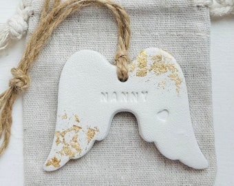 Family Gold Leaf Personalised Angel Clay Wings,  Christmas Tree Hanging, with Gift Bag. Loved one memorial