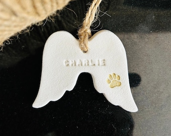 Christmas Gold Personalized Pet Memorial Ornament: Gold Paw Print Angel Wings Christmas Hanging, Clay angel wing, pet loss, dog passing