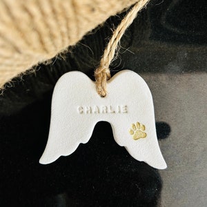 Christmas Gold Personalized Pet Memorial Ornament: Gold Paw Print Angel Wings Christmas Hanging, Clay angel wing, pet loss, dog passing