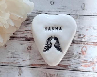 Angel Wings Heart Pebble. Custom Family Memorial, Personalised Heart Ceramic Stone. Mum, Dad, Grandad