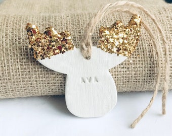 Personalised Glitter Reindeer Clay Christmas tree decoration, First Christmas Gift
