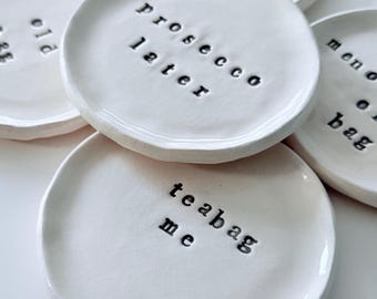 Ceramic Teabag Holder with Bold Stamped Sayings | Handmade Clay Trinket Dish | Gift for Tea Lovers | Quirky British Humour