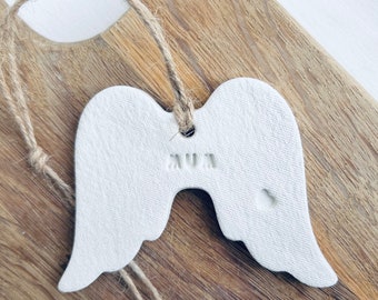 Rememberance Personalised Angel Wings Clay Decoration, memorial gifts, sentimental keepsake