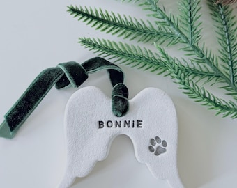 Personalised Clay Angel Wings Christmas Pet Decoration, Tree Decoration, Animal Decoration, Dog /Cat Keepsake, with luxury gift bag.