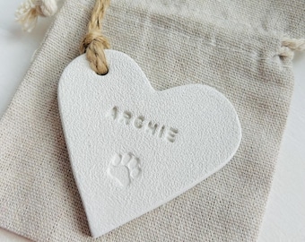 Personalised Clay Pet Heart Hanging, Paw Print Christmas Tree ornament, custom any name