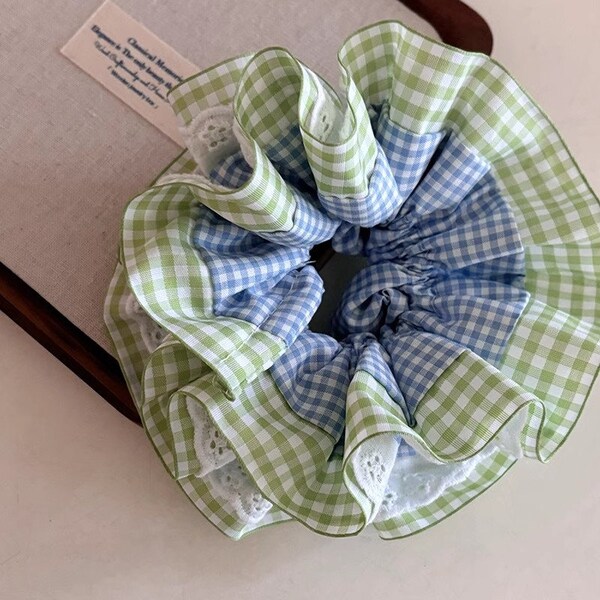 French Pleated Trim Checked Scrunchie, Oversize Gingham Scrunchie, Pleated Scrunchie, Oversize Hair Ties, Bridal Shower Gift, Gift For Her.