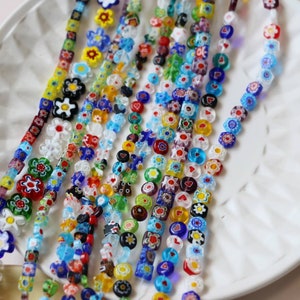 1strand - Small Millefiori Daisy Flower Flat Coin Glass Beads, 6mm 10mm Heart Colorful Glaze Beads, Lampwork Star Murano Glass Beads