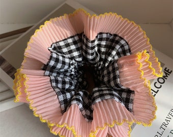 French Pleated Trim Checked Scrunchie, Oversize Gingham Scrunchie, Pleated Scrunchie, Oversize Hair Ties, Bridal Shower Gift, Gift For Her.