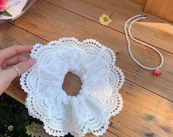 White Ruffle Frill Scrunchie, Large White Lace Hair Scrunchies, Handmade Hair Tie, Lace Double Layer Flower Headbands, Wedding Headpieces