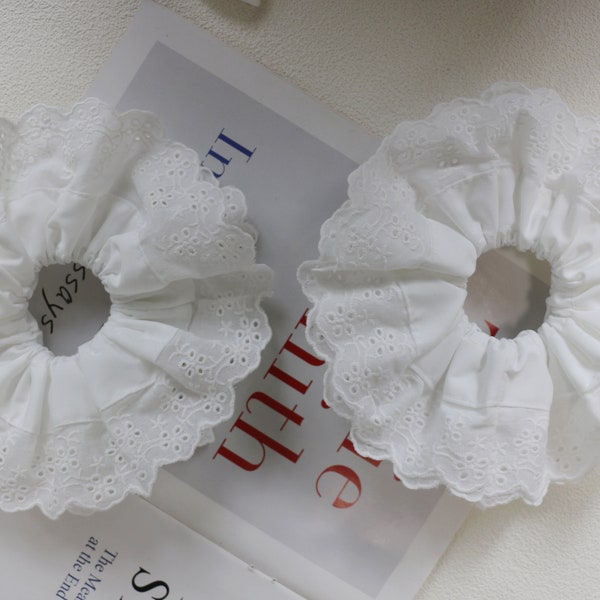White Ruffle Frill Scrunchie, Large White Lace Hair Scrunchies, Handmade Hair Tie, Lace Double Layer Flower Headbands, Wedding Headpieces
