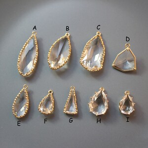 4pcs-Gold Framed Clear Dangle Charms, Gold plated Brass Crystal Glass Pendants