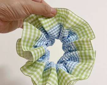 French Pleated Trim Checked Scrunchie, Oversize Gingham Scrunchie, Pleated Scrunchie, Oversize Hair Ties, Bridal Shower Gift, Gift For Her.