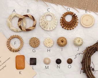 4pcs-Natural Boho Rattan Earring Hoops, Wooden Straw Earring Bead Pieces, Round Circle Raffia Square Wenge Charms, Cabochon Cab Charm