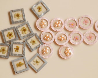 4pcs-20mm Round / Square Dried Flower Pendant, Pink Round Resin Pearl Charm, Grey True Flowers Acrylic Acetate Charm Pendant