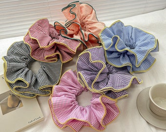 French Pleated Trim Checked Scrunchie, Oversize Gingham Scrunchie, Pleated Scrunchie, Oversize Hair Ties, Bridal Shower Gift, Gift For Her.