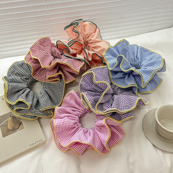 French Pleated Trim Checked Scrunchie, Oversize Gingham Scrunchie, Pleated Scrunchie, Oversize Hair Ties, Bridal Shower Gift, Gift For Her.