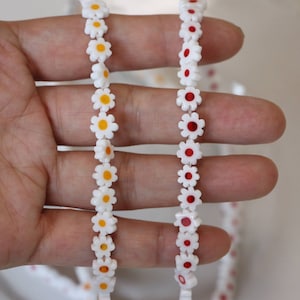 Millefiori Glass Flower Flat Round Beads, 8mm Handmade Millefiori Glass, White Flower Beads Full Strand, Strand of 50pcs