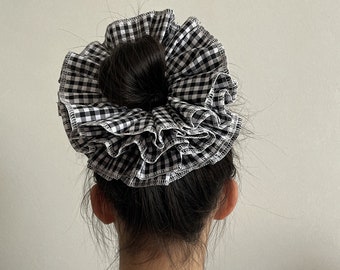 French Pleated Trim Checked Scrunchie, Oversize Gingham Scrunchie, Pleated Scrunchie, Oversize Hair Ties, Bridal Shower Gift, Gift For Her.