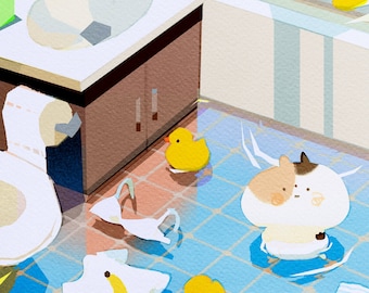 May include: A bathroom scene with a white sink and brown cabinet, a white toilet, and a blue tiled floor. There are yellow rubber duckies scattered around the room, including one in the sink and one in the toilet. There is a white and brown cat-shaped toy floating in the water on the floor.
