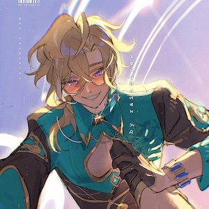 以下が含まれることがあります： 金色のアクセントが付いたターコイズブルーとブラックのジャケットを着たブロンドの髪の人のデジタルイラスト。その人は笑顔で、ピンクのレンズの眼鏡をかけています。背景は薄いパープルで、白い筋が入っています。