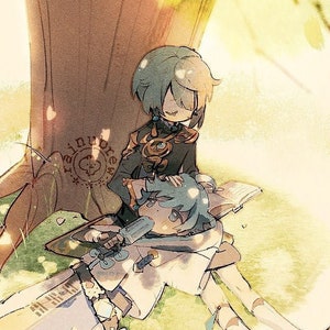 May include: Two anime-style characters, one sitting and the other lying down, with blue hair and clothing, in a green grassy field with a large tree trunk in the background.