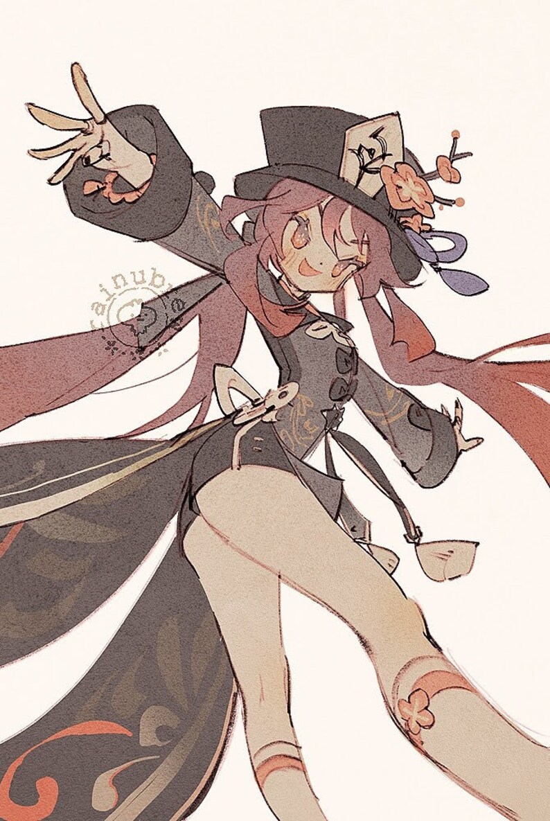May include: A stylized illustration of a character wearing a black hat with a flower design, a red scarf, and a black and gold patterned outfit. The character has pink hair and is smiling.