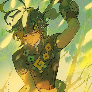 May include: A digital illustration of a person with green hair and a green and yellow patterned shirt holding a green and yellow pixelated weapon. The background is a blurry green and yellow landscape.