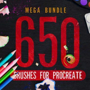 Puede incluir: Fondo oscuro con el texto "MEGA BUNDLE 650 BRUSHES FOR PROCREATE" en rojo y dorado. Lápices de colores, pinceles y una paleta de acuarelas sugieren un tema de arte digital.