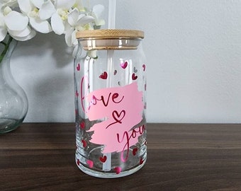 I love you soda can glass, glass with hearts, iced coffee, beer can glass, with straw, bamboo lid, reusable, custom made, gift idea