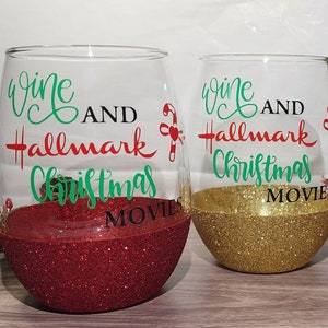 Wine and Hallmark Christmas Movies Glitter Glass, gift idea, gift for her, stemless wine glass, christmas 2023 image 1