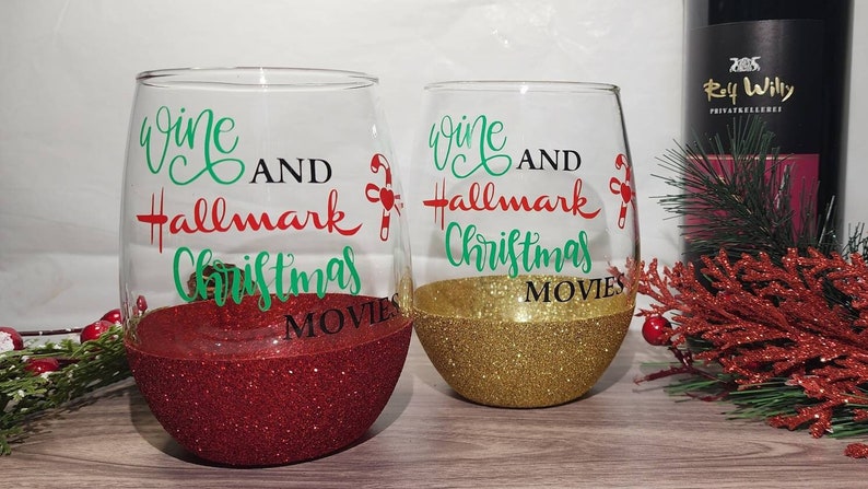 Wine and Hallmark Christmas Movies Glitter Glass, gift idea, gift for her, stemless wine glass, christmas 2023 image 1