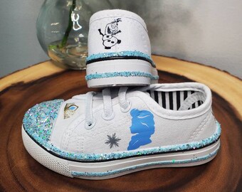 Frozen Glitter Sneakers, toddler shoes, glitter shoes, Elsa, Olaf, personalized, white canvas shoes, sparkle, snowflake,custom made, Disney,
