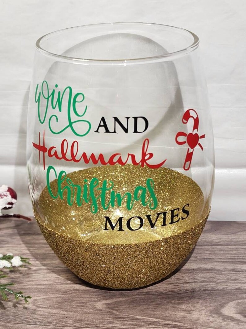 Wine and Hallmark Christmas Movies Glitter Glass, gift idea, gift for her, stemless wine glass, christmas 2023 image 3