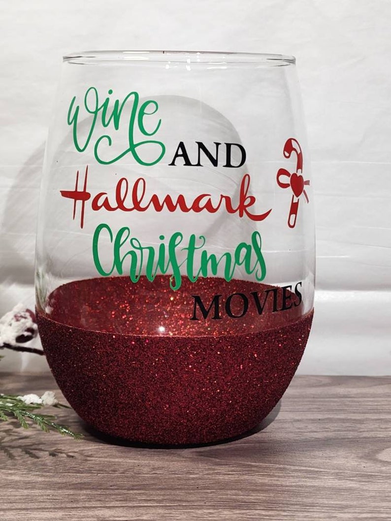 Wine and Hallmark Christmas Movies Glitter Glass, gift idea, gift for her, stemless wine glass, christmas 2023 image 2