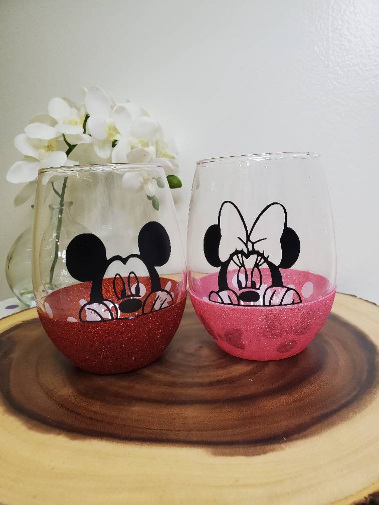 Mickey Mouse 804554 Mickey & Minnie His & Hers Stemless Wine Glass Set 