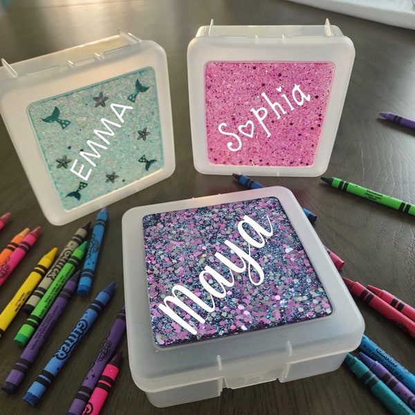 Personalized Glitter Crayon Box, back to school, Treasure Box, with Name, Custom Made, Glitter Box, Jewelry Box