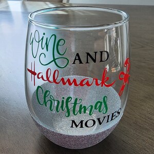 Wine and Hallmark Christmas Movies Glitter Glass, gift idea, gift for her, stemless wine glass, christmas 2023 image 4