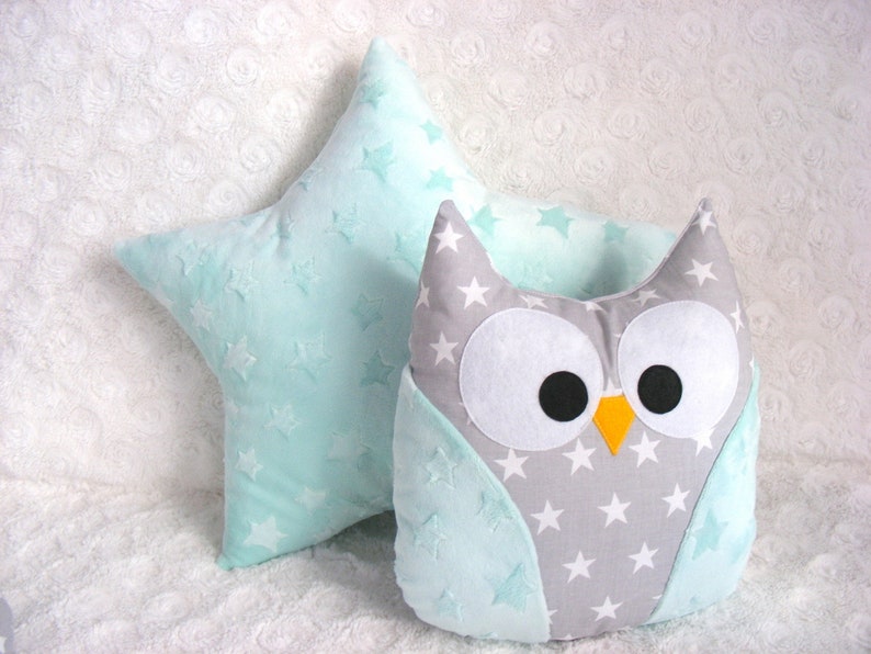 Owl Cushion Stuffed Animal Mint Pastel and Grey Owl Pillow Etsy